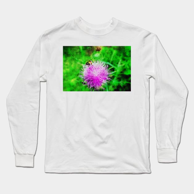 Pink Flowering Thistle With Bee Long Sleeve T-Shirt by Robert Alsop